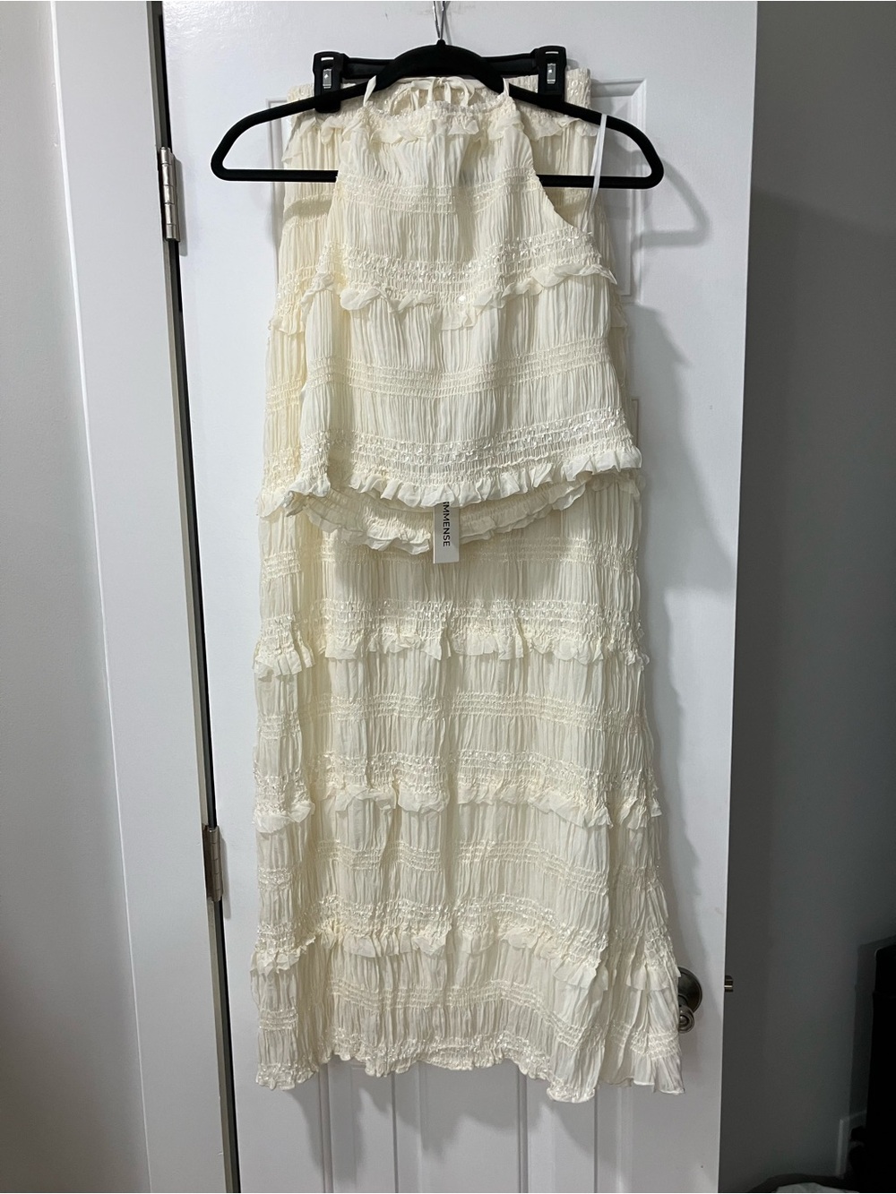 Commense White Ruffled Maxi Skirt Set with Halter Top
